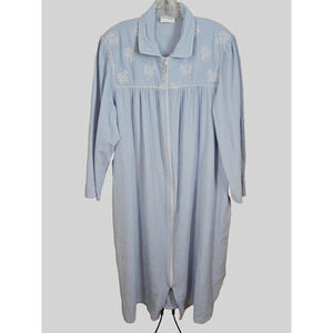Barbizon House Dress Duster Sz L Seersucker Blue Checked Front Zip Pockets